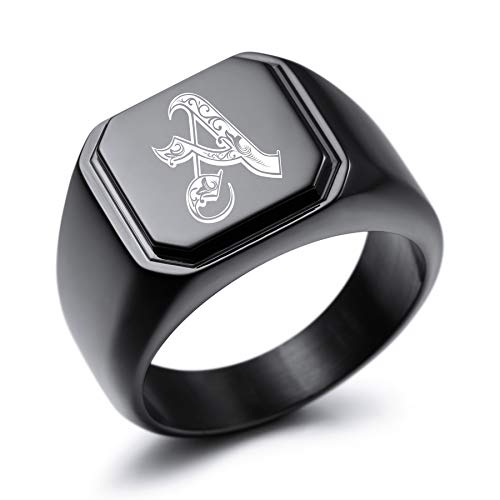 MeMeDIY Personalized Engraved Initial Monogram Signet Ring for Men Women Customize Stainless Steel Wedding Letter Rings Jewelry Bundle with Ring Size Adjusters - color: B1: Black - Initial Royal
