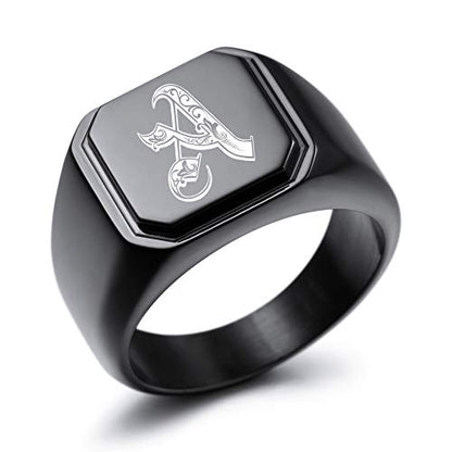 MeMeDIY Personalized Engraved Initial Monogram Signet Ring for Men Women Customize Stainless Steel Wedding Letter Rings Jewelry Bundle with Ring Size Adjusters - color: B1: Black - Initial Royal