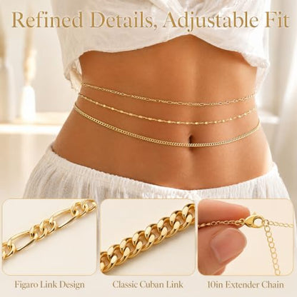 Gold Waist Chain, Layered Belly Chain, Adjustable Waterproof Body Chain, Satellite Beads Bikini Jewelry, Summer Beach Accessories For Women