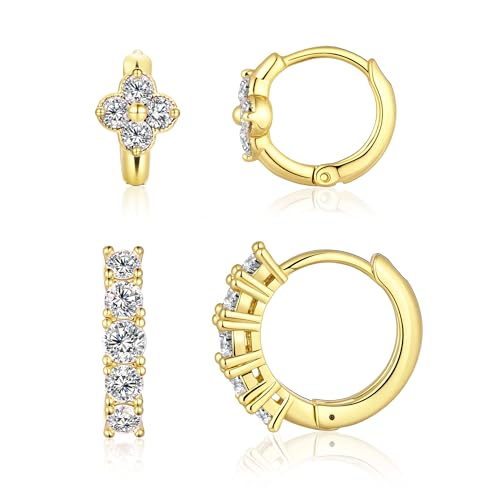 JINEAR 2 Pairs Gold Hoop Earrings for Women Dainty Huggie Earrings Set | 14K Gold Plated Cubic Zirconia Hypoallergenic Lightweight Waterproof Cartilage Hoop Earrings Trendy Jewelry Gift - color: hoop earrings-3