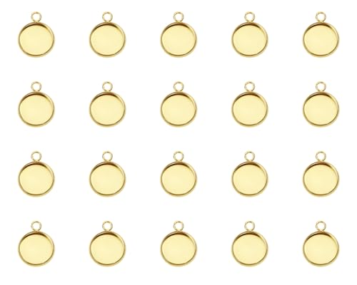 Shapenty Gold Stainless Steel Round Bezel Blanks Pendant Trays for Earrings Bracelet Necklace Keychain DIY Craft Resin Glass Cabochon Jewelry Making Projects Christmas Gift Hanging Charms, 20PCS - size: 12mm