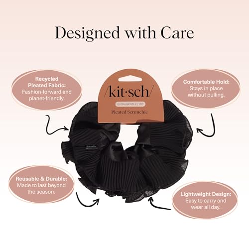 Kitsch Pleated Scrunchie for Women - 1pc | No Crease Hair Ties No Damage, Stylish and Comfortable Fabric Ponytail Holders for Everyday Hairstyles & Spooky Season Looks - color: Black (1pc)