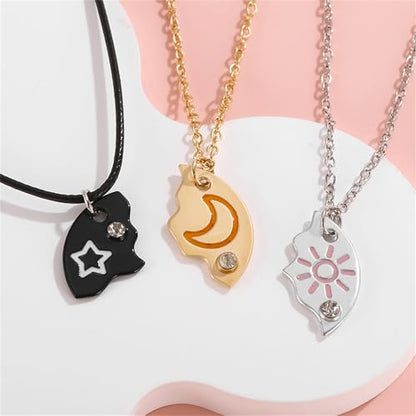 3pcs Friendship Moon Sun Star Puzzle Matching Necklace Set Gold Silver Plated Cute Crescent Round Circle Geometric Best Friend BFF Pendant Necklace for 3 Women Sisters Daughter Birthday Jewelry Gifts - color: Mixed color