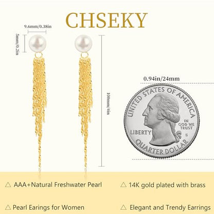 CHESKY Pearl Drop Earrings for Women, 14K Gold Plated Pearl Dangle Earrings | Dainty Pearl Earrings for Women,WaterProof Gold Brides Wedding Earrings,Bridesmaid Bridal Gift,Trendy Women Everyday Jewelry - style: chain