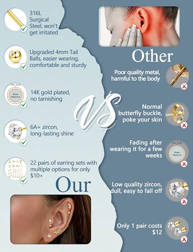 ORAZIO 16 Gauge Cartilage Earrings for Women-Hypoallergenic Surgical Stainless Steel Tragus Earring Set Threadless Flat Back Earrings Push in Nose Studs Daith Conch Tragus Helix Piercing Jewelry - color: Gold Tone