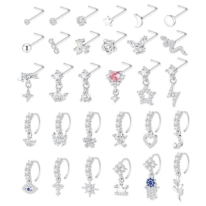 WAINIS 30Pcs 20G Dangle Nose Ring for Women 14K Golden Silver Plated | L Shaped Dangling Nose Stud,Surgical Steel Nose Ring Studs,Dainty Flower Heart Moon Star Dangle Rings Hoops Nose Piercing - color: silver1
