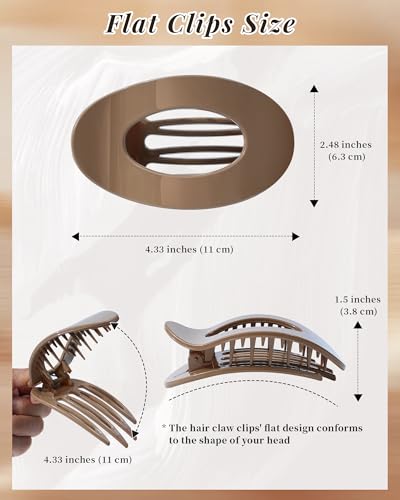 Mesovor 6 Pack Flat Hair Claw Clips, 4.33" Nonslip Round Lay Hair Clips | Strong Hold French Large Flat Hairclips for Lying Down, Yoga, Driving (Neutral Polished) - color: Neutral Polished