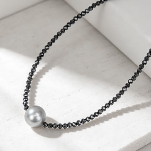 Single Pearl Choker Pendant Necklaces for Women, Natural Gemstone Womens Black Stone Beaded Choker Necklace, Dainty Round Freshwater Pearl Handmade Jewelry Gift Women Birthday Bridesmaids Anniversary 16 18 inch - color: 04-grey, size: 18"