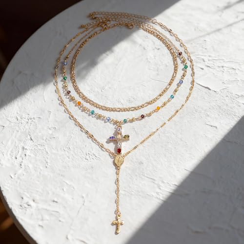 Layered Necklace for Women, Cross Pendant Y Necklace Set, 18K Gold Plated Dainty Stackable Jewelry Gift for Everyday Wear - style: 3PCS - C