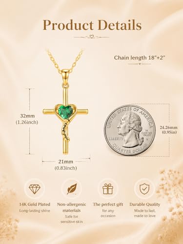 14K Gold Cross Necklace for Women Dainty Birthstone Pendant | Heart I Love You Romantic Jewelry Anniversary Christian Religious Baptism Birthday Gifts with 18"+2" Adjustable Chain - color: 14K Gold-05-May Birthstone