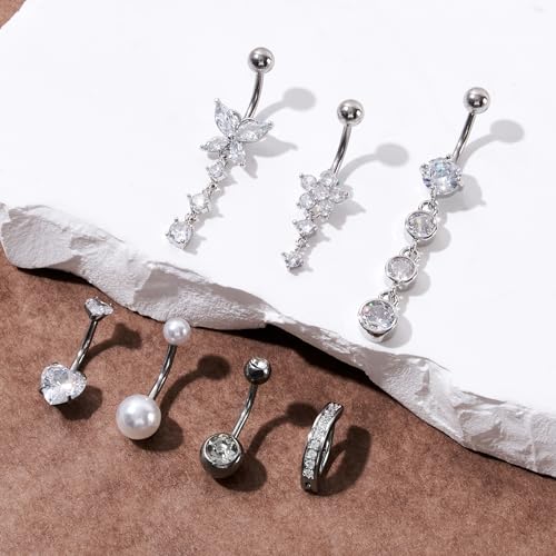 14G Belly Button Rings Silver Gold Pink Stainless Steel Belly Rings Cubic Zirconia Belly Button Piercings Navel Piercings Set Pool Party Accessories for Women
