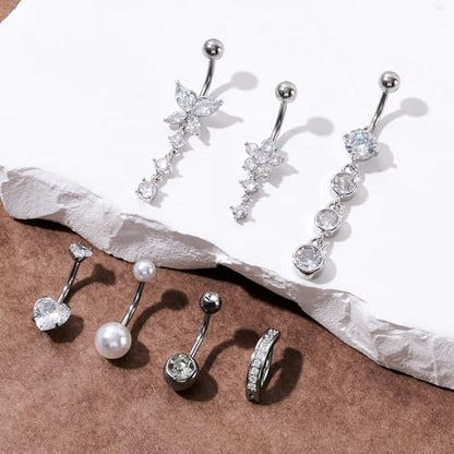 14G Belly Button Rings Silver Gold Pink Stainless Steel Belly Rings Cubic Zirconia Belly Button Piercings Navel Piercings Set Pool Party Accessories for Women