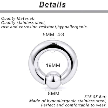 12G 10G 8G 6G 4G 2G 0G 00G Large Septum Rings Gauges Earrings Hoops 316L Surgical Steel Spring Action Captive Bead PA Ring CBR Septum Nose Rings Piercing Jewelry for Women Men - color: Silver, size: 4G=5mm Inner Dia: 3/4" (19mm)