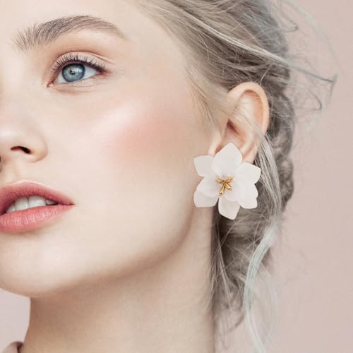 LAXPICOL Fashion Big Flower Clip On Earrings For Women Cute Lovely Acrylic Flower Earrings No piercing Earrings 2.36" - color: white
