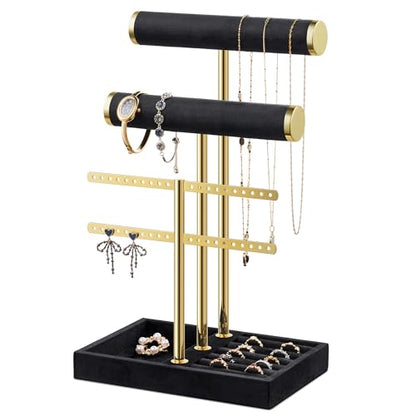 Bracelet Holder Jewelry Organizer Display - 3 Tier T Bar Velvet Stand, Black Jewelry Storage for Bracelet, Necklaces, Earrings, Rings, Watches - color: Black