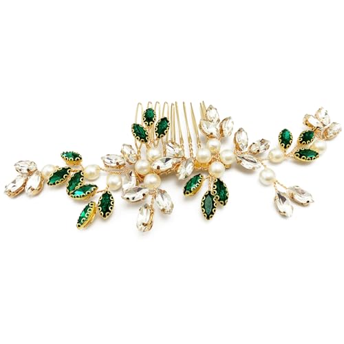 Pearl Crystal Hair Comb Bridal Green Rhinestone Gold Vine Hair Piece Accessories for Wedding Women - color: Green