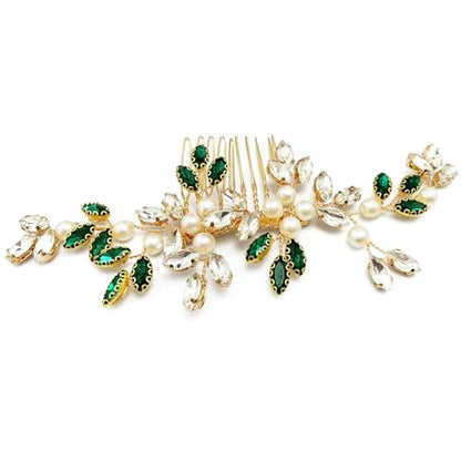 Pearl Crystal Hair Comb Bridal Green Rhinestone Gold Vine Hair Piece Accessories for Wedding Women - color: Green