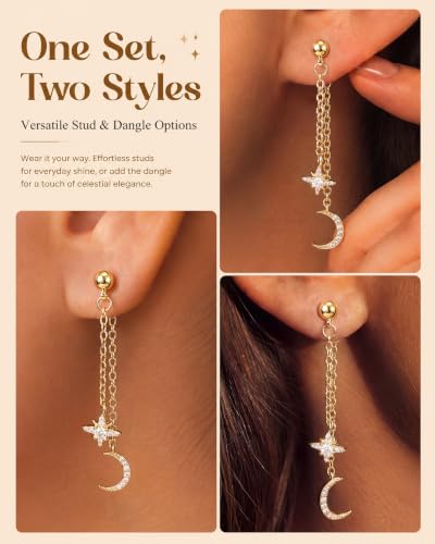 Pearl Dangle Stud Earrings for Women, 925 Sterling Silver Post Drop Earring | Trendy Detachable Chain Earrings, CZ Flower Stud Earrings, Hypoallergenic Wedding Statement Jewelry for Brides - color: Gold 3