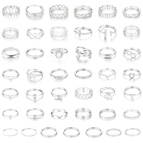 CHICUTIE Gold Knuckle Rings Set For Women Stackable Joint Finger Midi Rings Dainty Cubic Crystal Zirconia Simple Hollow Twist Cute Rings Pack Jewelry Gift - style: 43pcs Silver