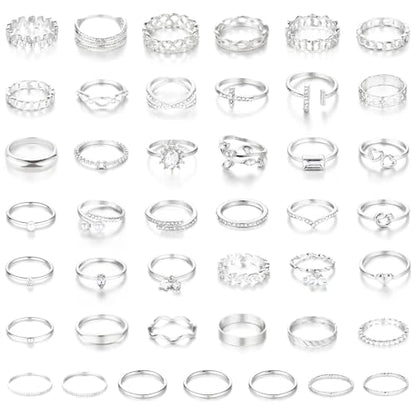 CHICUTIE Gold Knuckle Rings Set For Women Stackable Joint Finger Midi Rings Dainty Cubic Crystal Zirconia Simple Hollow Twist Cute Rings Pack Jewelry Gift - style: 43pcs Silver