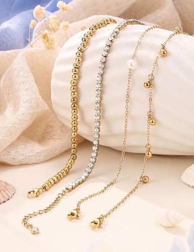 Subiceto Ankle Bracelets for Women Waterproof - 14K Gold Plated Non Tarnish Anklets Set Dainty Stainless Steel Stackable Layered for Beach Summer Jewelry Adjustable - color: 4Pcs CZ-14K Gold Plated