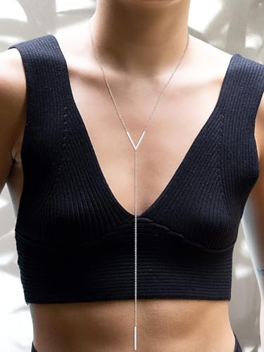 FOCALOOK Long Necklaces for Women, 14K Gold Plated Lariat Drop Bar Pendant | Hypoallergenic, 28"-30" Long Y-Shaped Chain, Layered Look, Minimalist Trendy Jewelry, Pairs Perfectly with V-Necklines - color: 02: V-Shape Silver