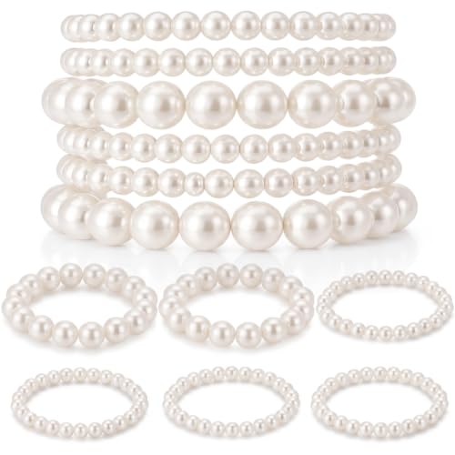 12 Pcs Pearl Bracelets for Women Faux Pearl Bracelet Stackable Boho Jewelry for Daily Wear Bridesmaid Bridal Wedding
