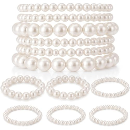 12 Pcs Pearl Bracelets for Women Faux Pearl Bracelet Stackable Boho Jewelry for Daily Wear Bridesmaid Bridal Wedding