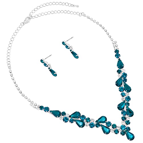 Rosemarie Collections Women's Stunning Rhinestone Crystal Teardrop Statement Necklace Hypoallergenic Drop Earrings Set, 15"+6" Extender - color: Peacock Blue Zircon Silver Tone