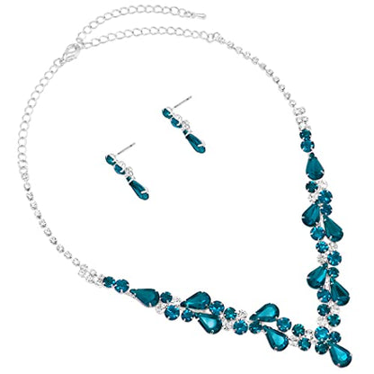 Rosemarie Collections Women's Stunning Rhinestone Crystal Teardrop Statement Necklace Hypoallergenic Drop Earrings Set, 15"+6" Extender - color: Peacock Blue Zircon Silver Tone