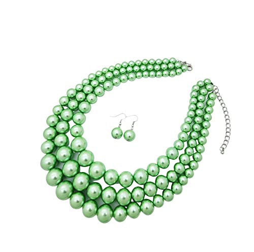 Fashion 21 Women's Faux Pearl Three Multi-Strand Statement Necklace and Earrings Set - color: Lime Green