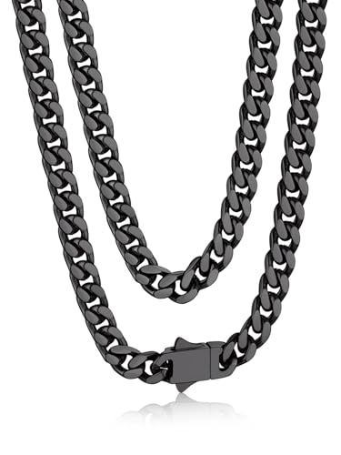 Bandmax Men's Premium Solid Stainless Steel Miami Cuban Link Chain Necklace | Waterproof Tarnish Resistant Chain, Silver Finish/Gold/Black Plated, Easy-open Clasp, 5/7/9/12MM, 18-30 Inches, With Gift Box - color: 03 5MM-Black Plated, size: 24 Inch (61cm,
