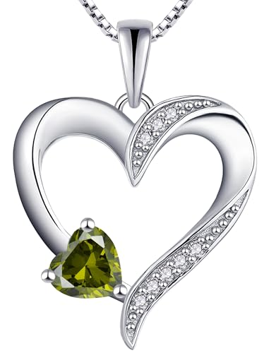 YL Heart Necklace 925 Sterling Silver Love Heart Pendant Birthstone Jewelry for Women - color: 08-peridot-Aug