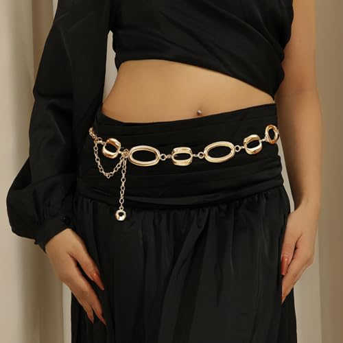 Circle Chain Belt Silver Waist Chain Women Waist Jewelry Body Chain Metal Chunky Chain Belts for Dress - color: 39 inch-Gold
