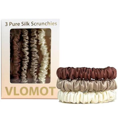VLOMOT 3 Pcs Set 100% Pure Mulberry Silk Hair Scrunchies (Chocolate) | Silk Hair Ties for Thin Hair with 3 Chic Colors Everyday Skinny Scrunchies Silk Ponytail Holders Hair Care No Damage - color: Chocolate