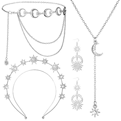 Glenmal 4 Pieces Celestial Jewelry Moon Stars Crown Necklaces and Body Chain Headband Drop Earrings for Women - color: Silver