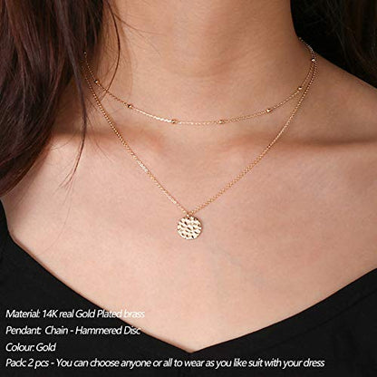 Turandoss Dainty Layered Choker Necklace, Handmade Y Pendant Necklace Multilayer Bar Disc Necklace Adjustable Layering Choker Necklaces for Women - style: 2PCS - Chain&Hammered Disc