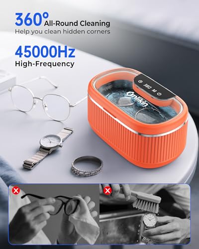 35W Ultrasonic Jewelry Cleaner, 45KHz Retainer Cleaner for Jewelry, 5 Timer & 3 Power Modes, Eyeglasses, Rings, Watch Strap, Dentures - 20oz, 304 Stainless Steel Tank, Quiet <38dB (Orange) - color: Orange