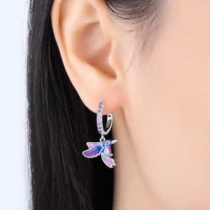 925 Sterling Silver Hoop Earrings Drop Dangle Earrings for Women Hypoallergenic Earring Trendy Huggie Earring Cute Graduation Birthday Gifts Jewelry for Women - color: Blue purple bird earrings