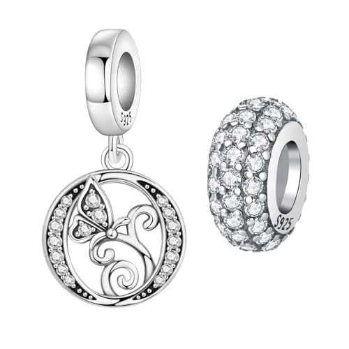2 Pack 925 Sterling Silver Butterfly Letter Charms for Bracelets and Necklace Alphabet Initial Dangle Pendants Round Spacer Beads Pave Cubic Zirconia Jewelry Gift for Women - color: O Set