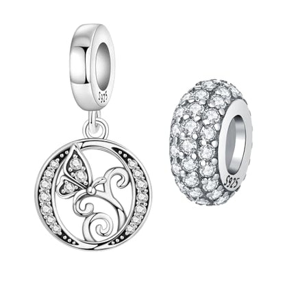 2 Pack 925 Sterling Silver Butterfly Letter Charms for Bracelets and Necklace Alphabet Initial Dangle Pendants Round Spacer Beads Pave Cubic Zirconia Jewelry Gift for Women - color: O Set