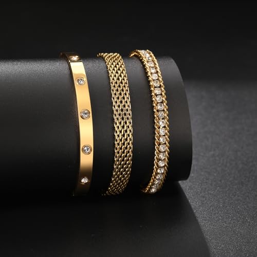 18K Gold Plated Bangle Bracelet Set for women,Cubic Zirconia Classic Stainless Steel Adjustable Gold Tennis Love Bracelets Stack for women and men - color: CZ and Wristband Set