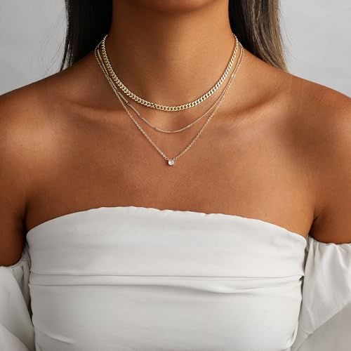 Coshilta Layered Gold Necklaces for Women, 14K Plated Gold Sterling Silver Plated Dainty Pendant Necklace Set with Cubic Zirconia,Stackable Chain Choker,Trendy Personalized Jewelry Gift Non Tarnish - style: C-N0548-CZ