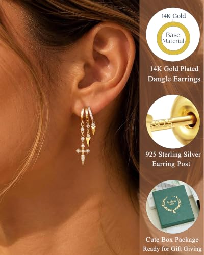 Dangle Gold Earrings for Women Trendy Triple Huggie Chain Earrings 14K Gold Plated Statement Cute Drop Dangle Earrings Dainty Hypoallergenic Chunky Hoop Earrings Fun Earring Stacks Jewelry - color: C-Cross Earrings