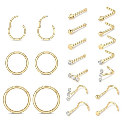 Surgical Steel Nose Ring 16G 18G L Shape Nose Studs Body Piercing for Women - color: B-Gold