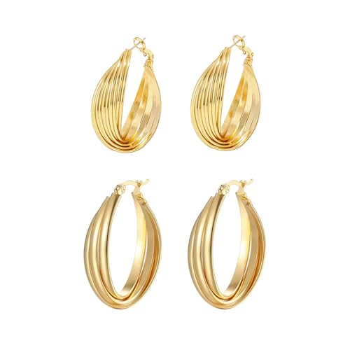 2 Pairs Gold/Silver Hoop Earrings For Women Set Trendy,14K Plated Gold Chunky Huggie Hoop Earings Pack,Oval Twisted Statement Silver Hoops,Fashion Jewelry Gift - color: 8) twist oval hoop