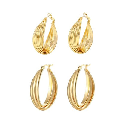 2 Pairs Gold/Silver Hoop Earrings For Women Set Trendy,14K Plated Gold Chunky Huggie Hoop Earings Pack,Oval Twisted Statement Silver Hoops,Fashion Jewelry Gift - color: 8) twist oval hoop