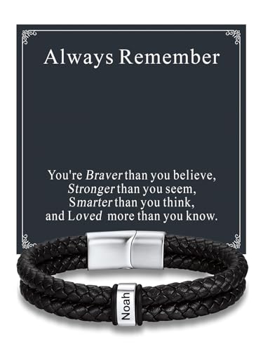 Custom4U Personalized Braided Leather Bracelet for Men with Name Engraved | 1-5 Name Engraving, Stainless Steel Bead, 7.5/8.3/9 Inch Black Leather, Gift Design for Men with Custom Keepsake Cards - color: 01-Steel Color-Always Remember, size: 1 Name