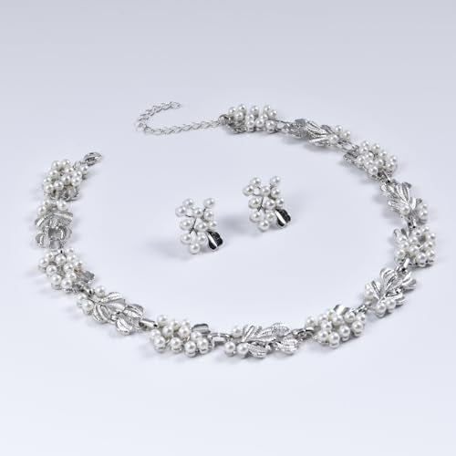 Fashion Bride Silver Gold Plated Black 1920s Leaf Faux Pearls Necklace Earrings Set Wedding Jewelry Set Sparkly Choker Necklace Stud Earrings Set for Women Christmas Gift Set for Women Necklace and Earrings - color: Silver