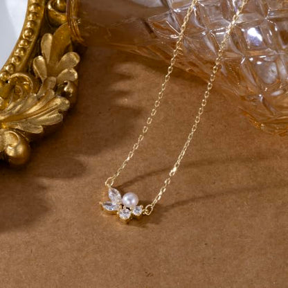 Pearl Necklaces for Women 14k Gold/White Gold Plated CZ Diamond | Dainty Cubic Zirconia Necklace, Bridal Bridesmaids Wedding Jewelry Gifts - color: Gold CZ Round Pearl
